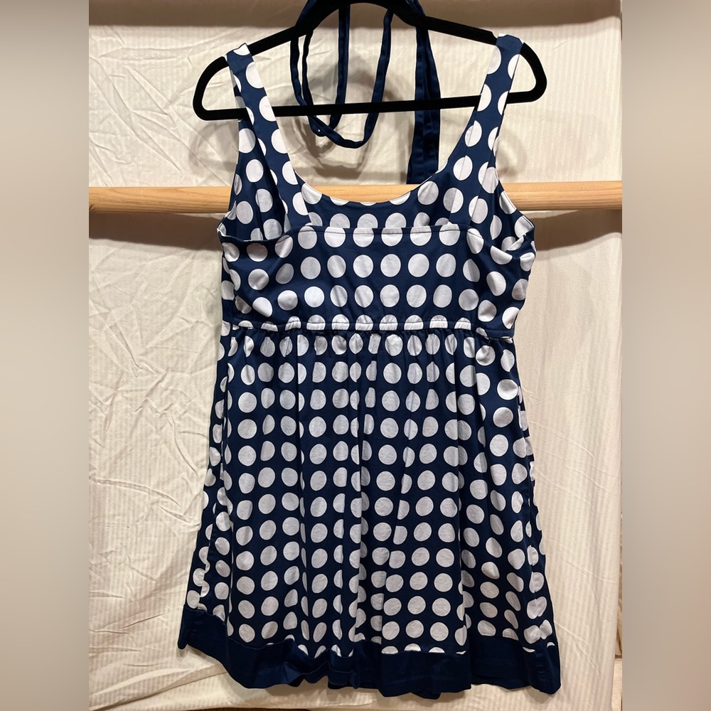 Maternity Dress Navy & White Polka Dot Size Large with Ribbon Belt